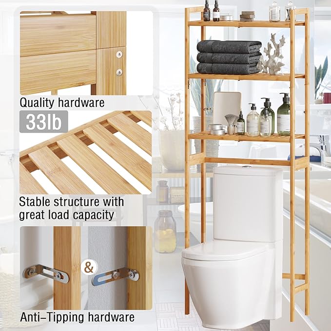 AMBIRD Over The Toilet Storage, 3-Tier Bathroom Organizer Over Toilet with Sturdy Bamboo Shelves,Multifunctional Toilet Shelf,Easy to Assemble and Saver Space, 25 * 10 * 64 Inches (Original Color)