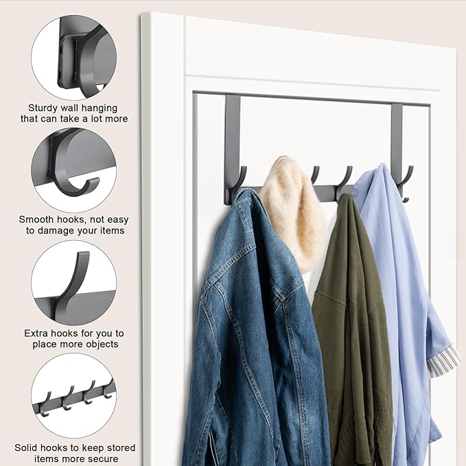 BOOMIBOO Over The Door Hooks, Sturdy Door Hanger, Towel Rack Towel Hooks for Bathroom 12 Hooks Large Over The Door for Bathroom, Bedroom，Kitchen