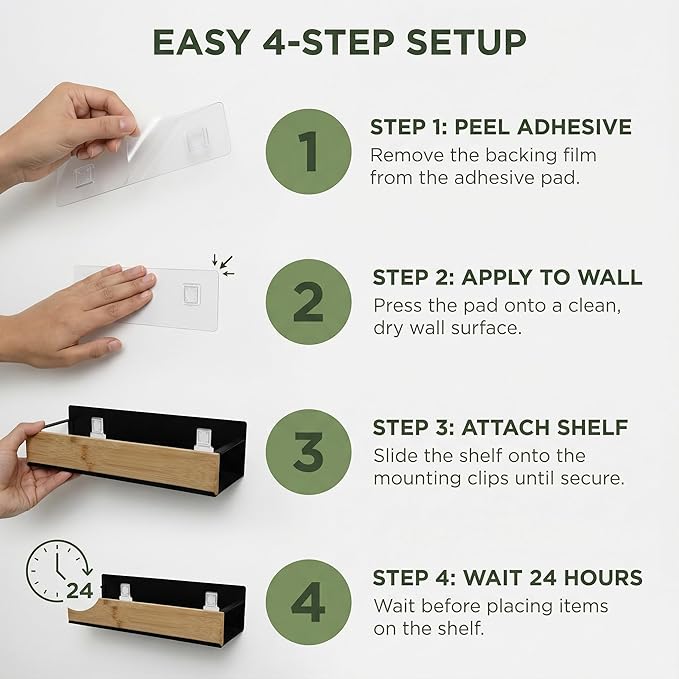 Wall Mount Organizer,Adhesive Metal Shelf with Bamboo Lip,Bathroom Shelves for Wall,Self Adhesive Organizer,Shower Caddies,No Drilling Stick-on Wall Rack,for Bathroom,Kitchen,Living Room (Black)
