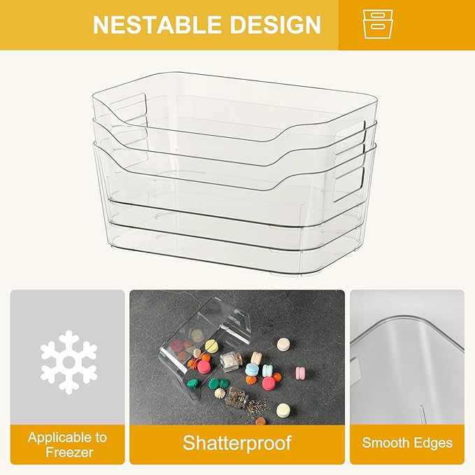 Hudgan 8 Pack Clear Pantry Organizer Bins for Kitchen, Clear Plastic Storage Bins for Bathroom, Pantry Organizer Containers for Home Edit, Drawer, Under Sink, Fridge