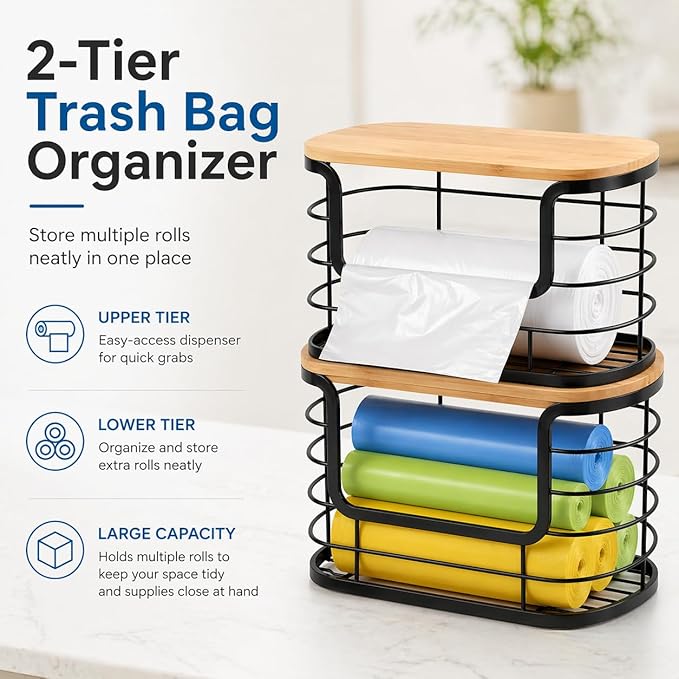 REFGY 2-Pack Multi-Purpose Trash Bag Holder & Stackable Kitchen Storage Organization Bins (11.02" x 6.69"), Protective Wire Basket with Natural Fiber Top, Versatile Garbage Bag Dispenser Under Sink