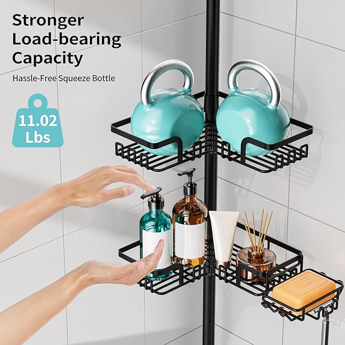 KEGII 2-in-1 Soap Holders x 2 & 32 Hooks Shower Caddy Tension Pole, Stainless Steel Adjustable Corner Shower Organizer for Bathroom, 25–114.2 Inches, Black