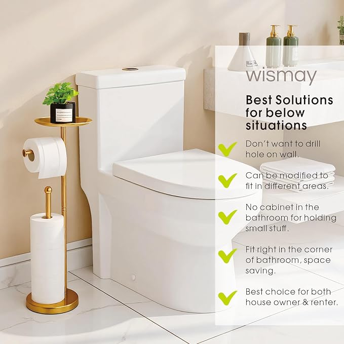 Standing Toilet Paper Holder Gold, TP Holder with 6.7" Phone Shelf, Holds 5 Rolls, Stainless Steel (Gold)