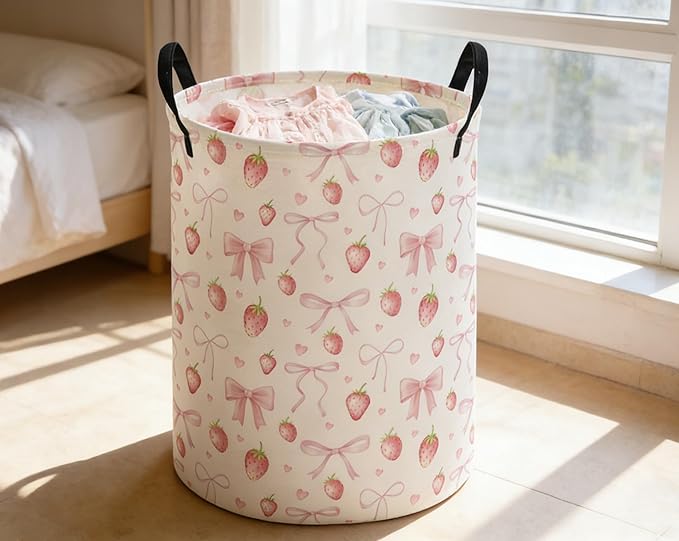 ESSME Kids Laundry Basket,Strawberry Hamper Collapsible Canvas Waterproof Storage Bin for Girls, Cute Hamper,Gift Baskets(Strawberry)