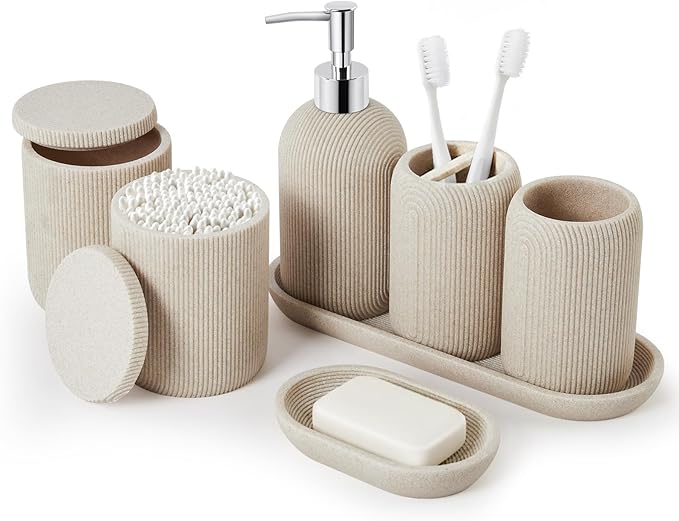 Bathroom Accessories Set - 7-Piece Resin Bathroom Set, Toothbrush Holders for Bathrooms, Soap Dispenser, Qtip Holder Dispenser, Tumbler, Soap Dish & Tray（Beige
