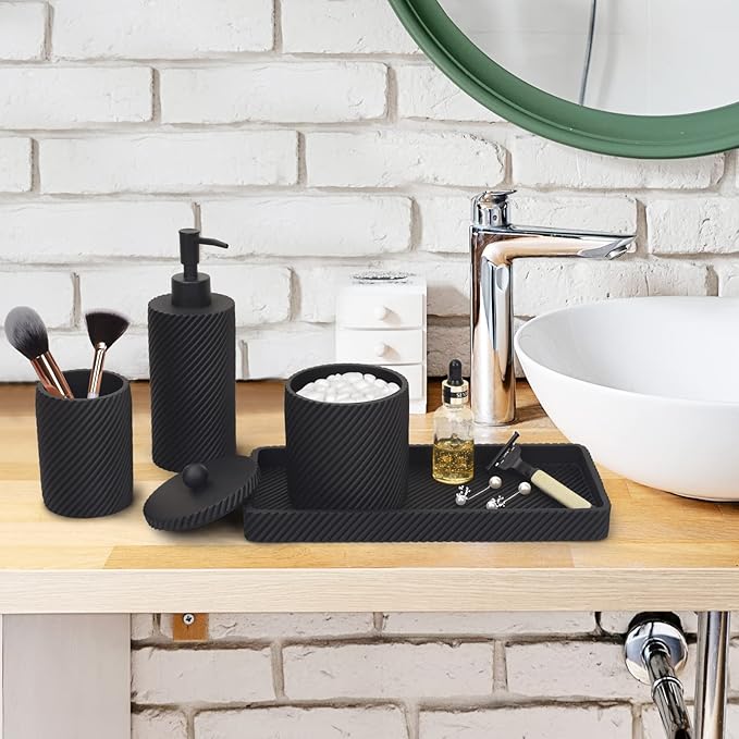 Black Bathroom Accessories Set 4 Pcs - Toothbrush Holder,Lotion Soap Dispenser,Qtip Holder Dispenser,Vanity Tray for Countertop Vanity Organizer,Bathroom Accessory Set