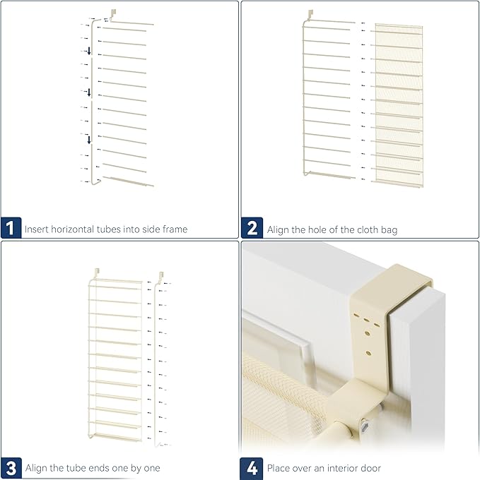 Whitmor 36 Pair Over The Door Shoe Organizer, 12 Tier Hanging Shoe Organizer, Heavy Duty Metal & Mesh Shoe Holder, Hanging Shoe Rack for Closet Organizer & Storage, 74"L x 21.7"W x 7.5"H, Beige