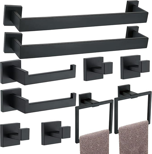 10 Pieces Bathroom Hardware Accessories Set Black, Bathroom Towel Rack Set SUS304 Stainless Steel, Square Bath Towel bar Set Heavy Duty, Wall Mounted