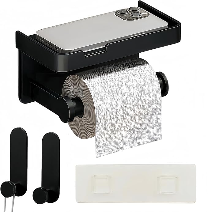 Adhesive Toilet Paper Holder and 2 Metal Hooks Combo - Rustproof Aluminum with Extra Adhesive Pads for Easy Replacement of Positions,Matte Black Toilet Paper Holder with Shelf(Wall Mount)