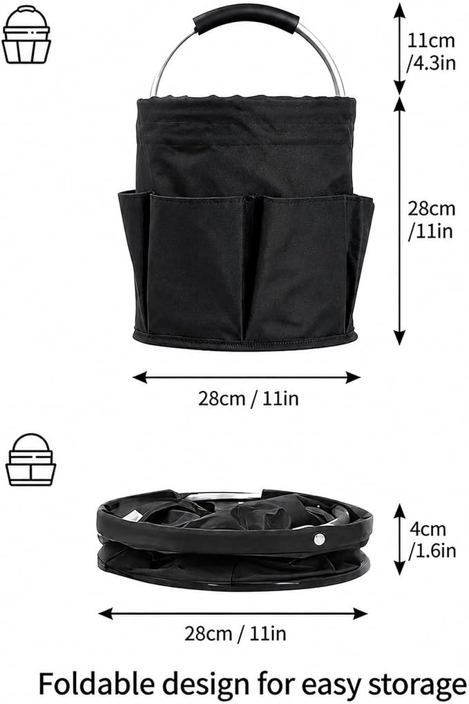 Cleaning Caddy Organizer with Handle, 17L Large Capacity Foldable Storage Bucket, Heavy-Duty 600D Oxford Fabric with 6 Pockets for Car Cleaning, Gardening Tools, Camping (Black)