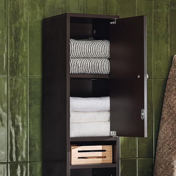 Haotian Bathroom Narrow Storage Cabinet, Skinny Tall Unit with Adjustable Shelves Slender Anti-Tipping Floor Standing Cupboard, Brown BZR34-BR