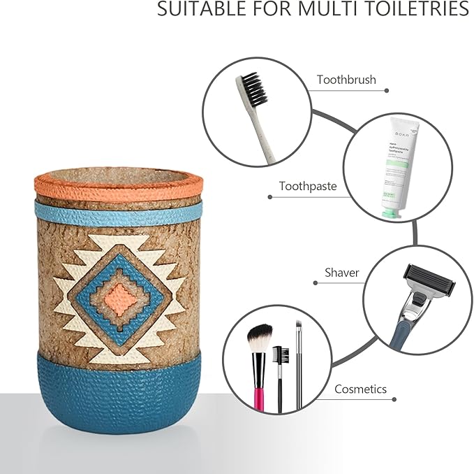 Bathroom Accessory Sets 4PCs Complete Tribal Home Decor Southwest Pattern Shape Includes Lotion Dispenser Toothbrush Holder Tumbler Cup & Vanity Tray