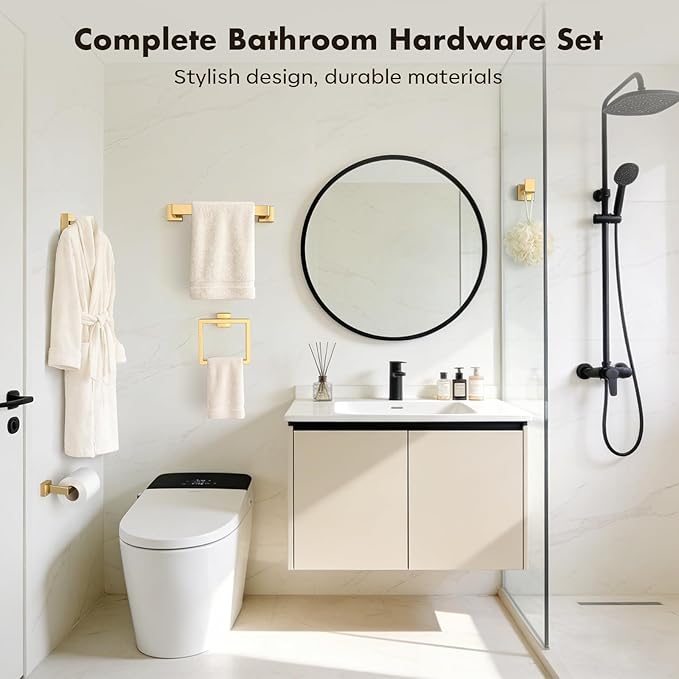 Bathroom Accessory Towel Bar Set: 20 Pieces Gold Bathroom Hardware Square SUS304 Stainless Steel - Wall Mounted Towel Rack&Toilet Paper Holder&Towel Ring and Towel Hook