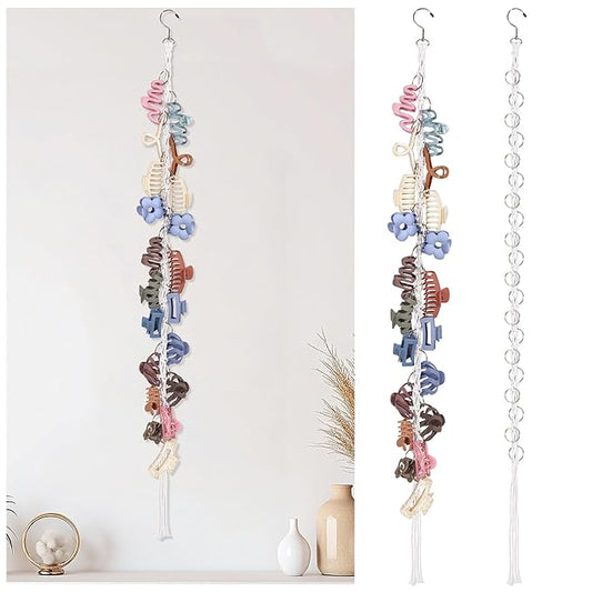 SNOWSTAR Macrame Hair Claw Clip Organizer with Rotating Hook and 20 Metal Rings,Hanging Hair Clip Holder and Storage for Women Girls,Claw Clips Hanger Home Decor for Wall,Door,Closet