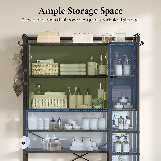 8-Tier Over the Toilet Storage Cabinet with Doors & 2 Large Drawers, Bathroom Storage Cabinet with Toilet Paper Holder, 6 Side Hooks, Over the Toilet Storage for Bathroom, Laundry Room, Black