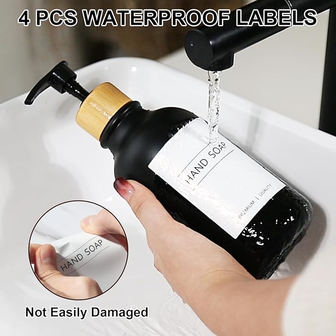 KASUNTING Black Soap Dispenser, 4 Pack Hand Soap Dispenser Bathroom with Bamboo Pump,17 Fl Oz Plastic Hand and Dish Dispenser Set for Kitchen, Refillable Liquid Soap and Lotion Dispensers Bottle