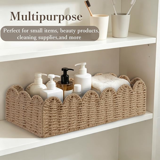 2 Pack Scalloped Wicker Toilet Paper Storage Basket, Handwoven Paper Rope Basket Organizer for Toilet Tank & Shelves, Decorative Woven Storage Bin for Living Room, Bedroom & Entryway, Beige