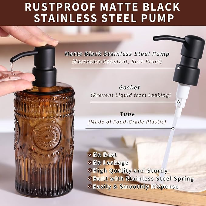17 OZ Sunflower Embossed Glass Soap Dispenser - 2 Pack, with 304 Rust Proof Stainless Steel Pump, Glass Soap and Lotion Dispenser Set, Liquid Hand Soap Dispenser for Home, Kitchen & Bathroom (Amber)