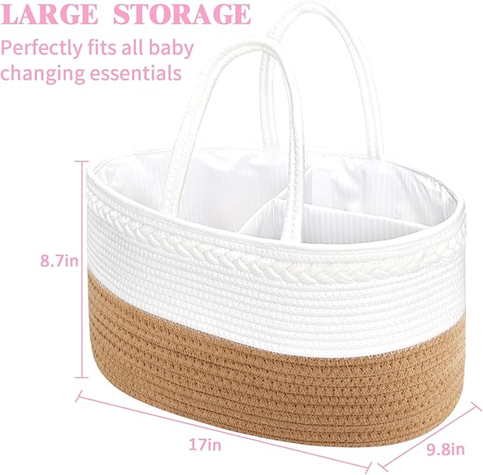 ABenkle X-Large Diaper Caddy Organizer, Boho Rustic Cotton Rope Nursery Baby Basket, Changing Table Organizer for Baby Diaper Storage and Baby Shower
