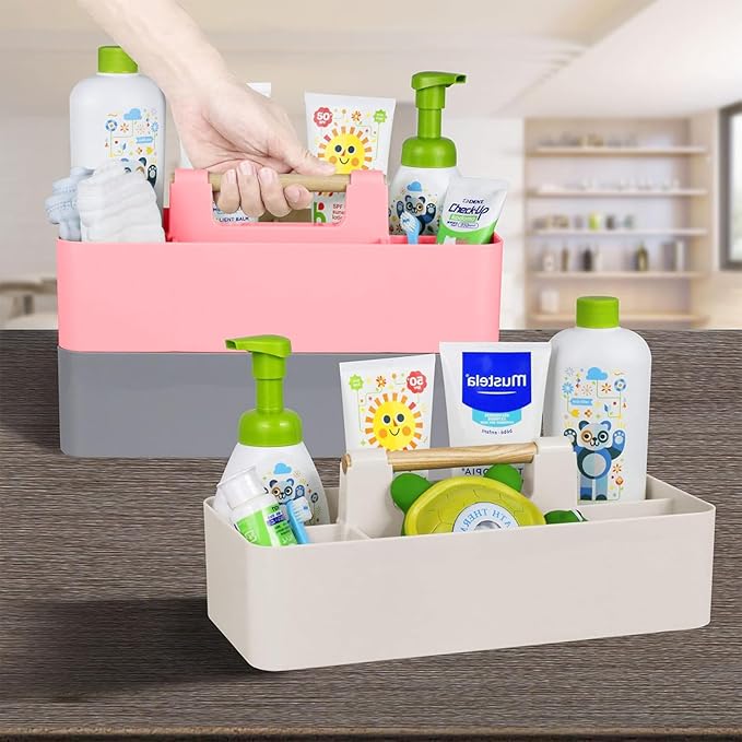 Baby Shower Caddy Plastic Nursery Portable Storage Organizer Caddy Tote for Child/Kids, Divided Basket Bin with Wood Handle for Bathroom, Dorm Room, Holds Hand Soap, Bottles, Spoons (Pink)