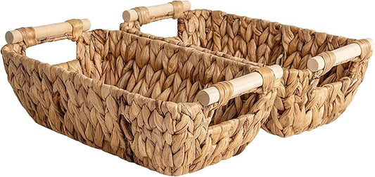 StorageWorks Hand-Woven Small Wicker Baskets, Water Hyacinth Storage Baskets with Wooden Handles, 2-Pack