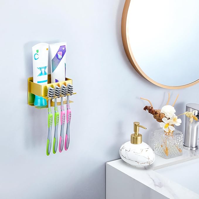 Toothbrush Head Holders, Electric Tooth Brush Head Holder, Adhesive Toothpaste Holder for Shower Bathrooms, Wall Mounted Tooth Brushing Holder Organizer Storage (Gold, Small)
