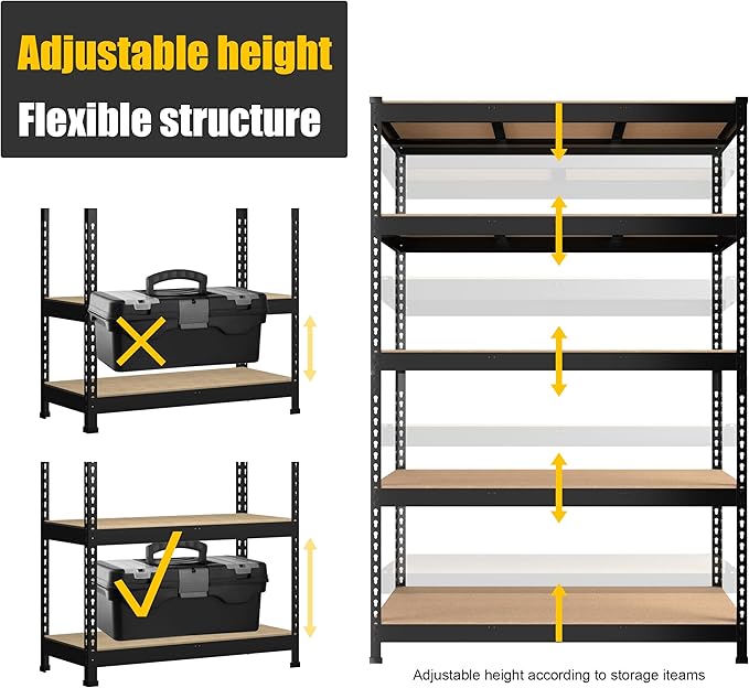 PrimeZone 8 Pack Heavy Duty Storage Shelves - 47"W x 18"D x 71"H 5 Tier Adjustable Garage Storage Shelving, Metal Utility Rack Organizer Shelf Unit for Warehouse Pantry Closet Kitchen Basement, Black