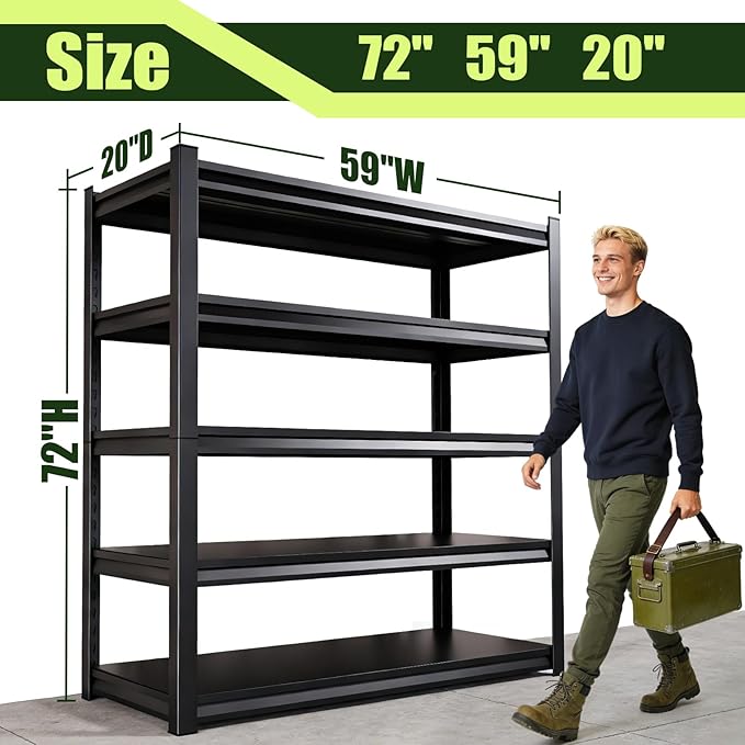 3000LBS Garage Shelving, Heavy Duty Garage Shelves, Adjustable Metal Shelving, Easy Assembly Garage Storage Shelves, Utility Storage Rack Shelf for Garage, Basement, Warehouse, 72" H x 59" W x 20" D
