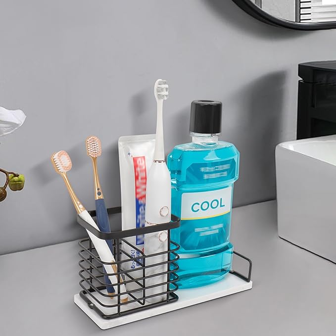 Toothbrush Holder, Luxurious Metal Toothbrush Toothpaste Holder with Marble Base for Bathroom, Multi-Slots Openwork Design, Bathroom Accessory for Storage and Organizer (Large, Matte Black)