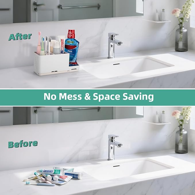 YONGAIJIA 8-Slot Toothbrush Holder with Quick-Dry Diatom Mud Board - Electric & Manual Toothbrush Organizer for Bathroom Countertop (White)