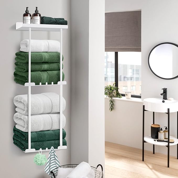 Hommtina Towel Rack Towel Storage for Bathroom,Towel Holder for Bathroom Wall Towels Organizer (White)