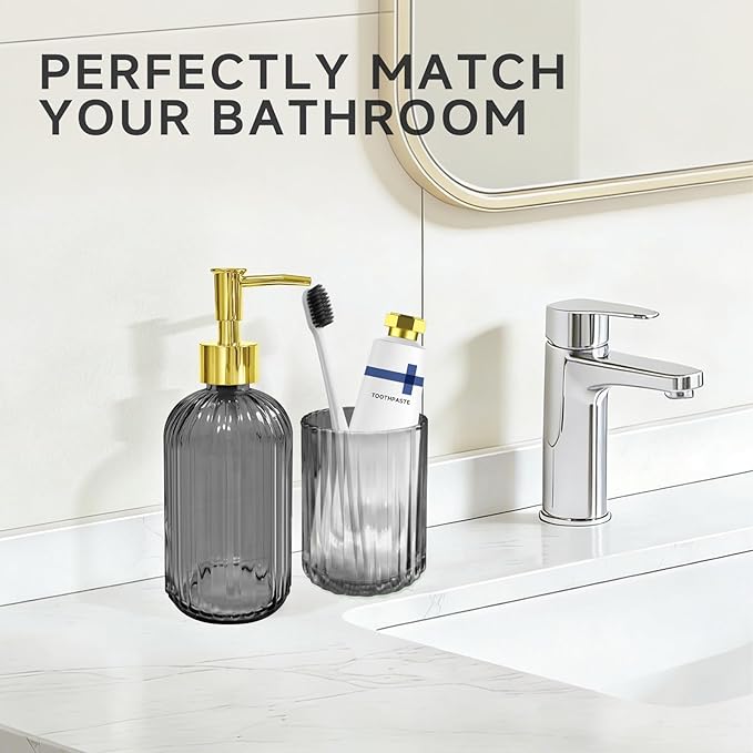2 PCS Grey and Gold Glass Bathroom Accessory Sets, Grey Bathroom Set, Soap Dispenser and Toothbrush Holder Set for Modern Bathroom Decor