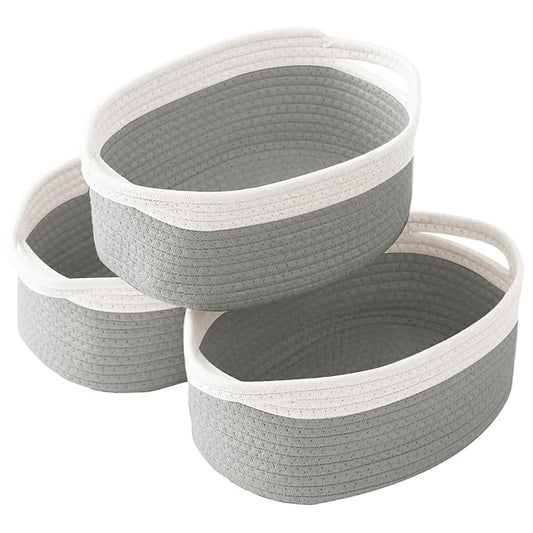 3 Pack Small Woven Rope Basket-Empty Gifts Basket with Bag and Ribbons,Cute Handle Organizer Box for Birthday/Baby Shower, Toy Storage, Nursery Organizing & Shelf Decor(White&Grey)