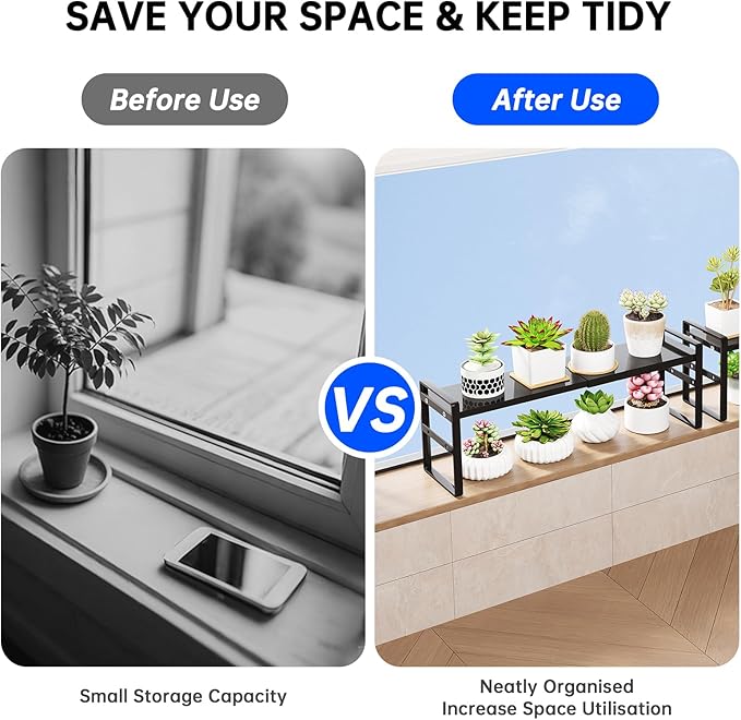 1pc Small Narrow Tall Shelf for Windowsill Kitchen Organizer Stackable Shelves Bathroom Sill Thin Shelves for Narrow Spaces Counter Top Racks (Black, L13.8-23.6'' * W5.9'' * H7.2'')