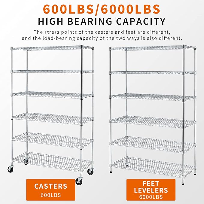 HCY 6-Tier Storage Shelf Heavy Duty Storage Shelving Unit NSF Height Adjustable Metal Storage Rack with Wheels for Laundry Bathroom Kitchen Garage Pantry Organization(Chrome) 76 * 48 * 18 inch