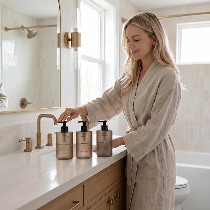 Stylish Shampoo and Conditioner Dispenser Set of 3 - Modern 20oz Shower Soap Bottles with Pump and Labels - Easy to Refill Body Wash Dispensers for an Instant Bathroom Decor Upgrade