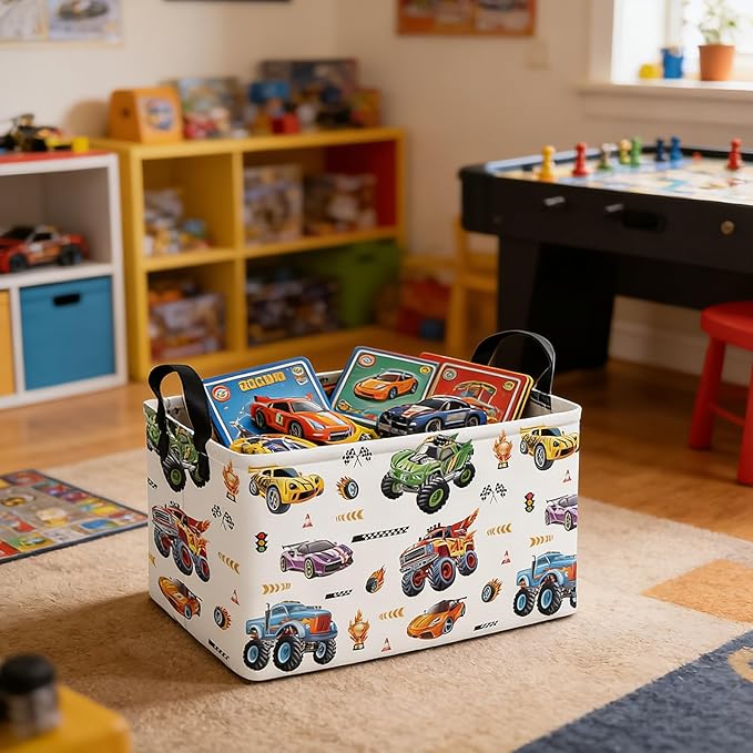 Rectangular Monster Truck Basket Storage Bins,Nursery Hamper Canvas Laundry Basket Foldable with Waterproof PE Coating for Kids, Office, Bedroom, Clothes,Toys(Rec-Monster Truck