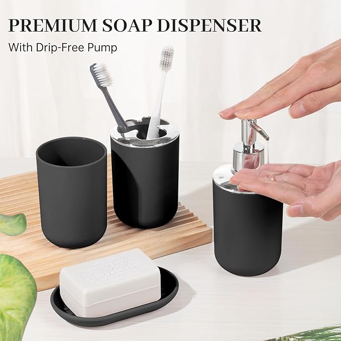 Bathroom Accessory Set, 4 Pcs Plastic Bathroom Set Include Soap Dispenser, Soap Dish, Toothbrush Holder, Mousewash Cup, Modern Bahtroom Décor Set, Space Save for Bathroom(Black)