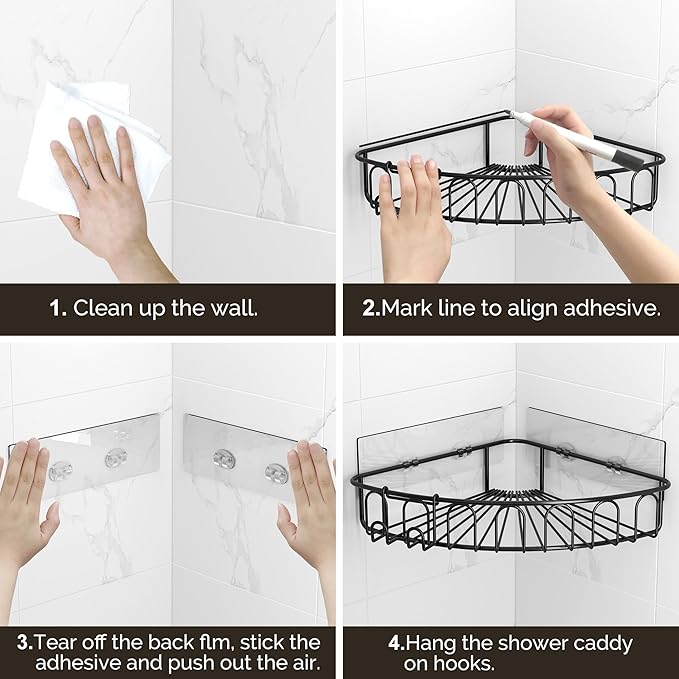 Orimade Corner Shower Caddy Stainless Steel with Hooks Wall Mounted Bathroom Shelf Storage Organizer Adhesive No Drilling 3 Pack, Black Only for 90-Degree Corner