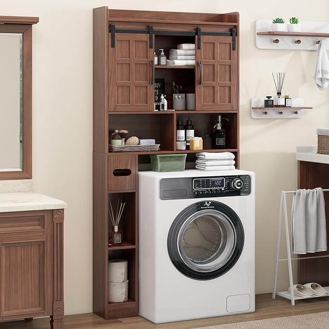 Halitaa Over The Toilet Storage Cabinet, Farmhouse Storage Cabinet Over Toilet with Sliding Doors，Home Space-Saving Toilet Rack, for Bathroom, Restroom, Laundry. Walnut
