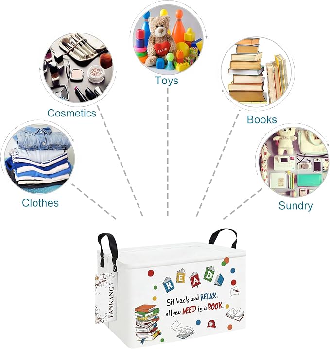 Storage Bins, Nursery Hamper Canvas Laundry Basket Foldable with Waterproof PE Coating Large Storage Baskets for Kids Boys and Girls, Office, Bedroom, Clothes,Toys(Rec-Reading ）