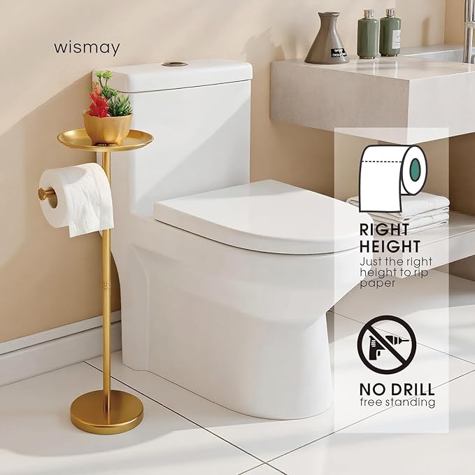 Toilet Paper Holder Stand Gold with Shelf on Top, Sturdy TP Roll Holder Floor Standing, Stainless Steel Base (Gold)