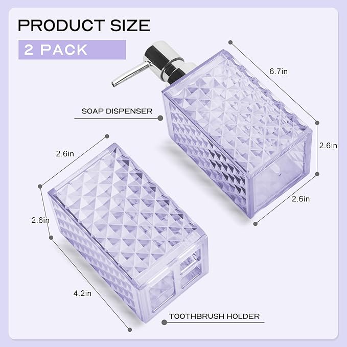 Bathroom Accessories Set 2 PCS, Purple Bathroom Accessories Include Soap Dispenser and Toothbrush Holder, Diamond Pattern Bathroom Set for Boho Bathroom Decor