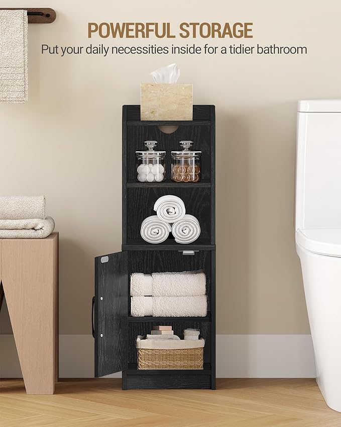 Hzuaneri Bathroom Storage Cabinet, Small Farmhouse Corner Floor Cabinet with Door and Shelves, Narrow Toilet Paper Holder Stand, Bathroom Organizer with Adjustable Shelf, for Small Spaces, Black