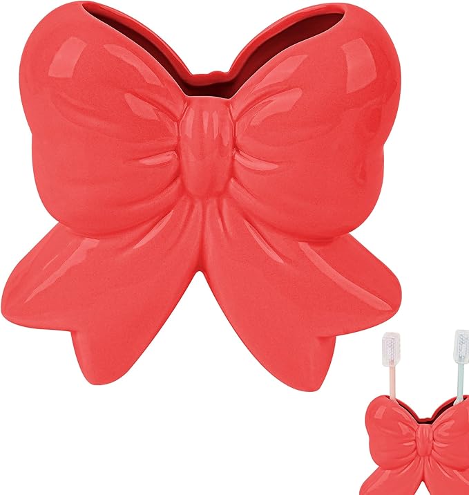 Cute Toothbrush Holder, Ceramic Bow Toothbrush Holder, with Drain Hole Bathroom Countertop Accessories, for Bathroom Canister Storage Organization, Vanity Makeup Organizer (Red)