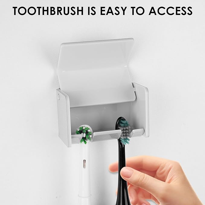 Toothbrush Holder Wall Mounted with Cover for Bathroom, 2 Slots Toothbrush Storage Organizer for Shower, Self Adhesive Toothbrush Hanger Rack for Dorm, Cabinet (Silver)