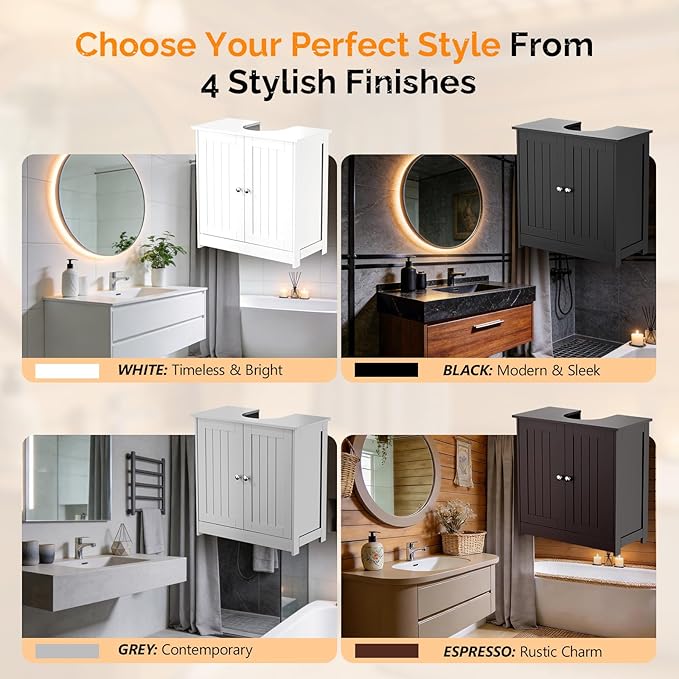 Bonnlo Pedestal Sink Storage Cabinet, 24" Black Under Sink Bathroom Storage Cabinet with 2 Doors and Adjustable Shelf, Traditional Bathroom Space Saver Organizer for Small Spaces, Water-Resistant