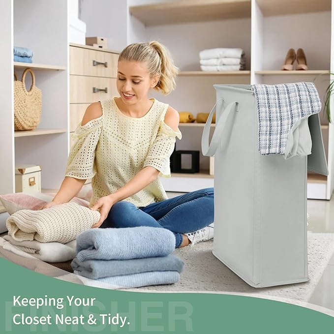 GOMAJI Slim Laundry Basket with Lid and Handles, Foldable Laundry Basket for Clothes, Clothes Hamper Easy to Carry, Dirty Hampers for Bedroom, Bathroom, Dorm, College, 12.7 Gallons(48L)