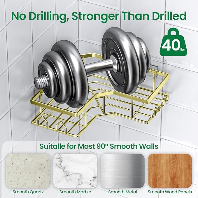 Adhesive Shower Caddy, 6 Pack Corner Bath Organizer, Rustproof Stainless Steel Shower Shelves with Large Capacity, No Drilling Shelves for Bathroom Storage, Home, Kitchen Décor(Gold)