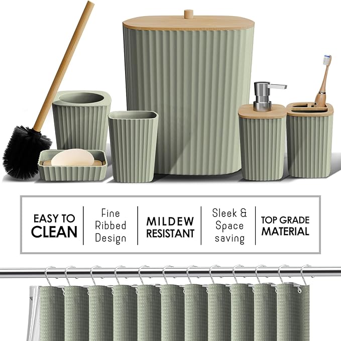 Clara Clark Bathroom Accessories Set - 27PC Bathroom Set with Adhesive Corner Shower Caddy Hanging, Bathroom Sets with Shower Curtain and Rugs, Ombre Sage Green Shower Curtain Set with Trash Can